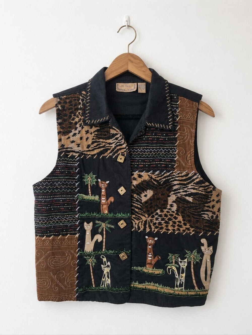 Embroidered Patchwork Vest Animal Black & Brown